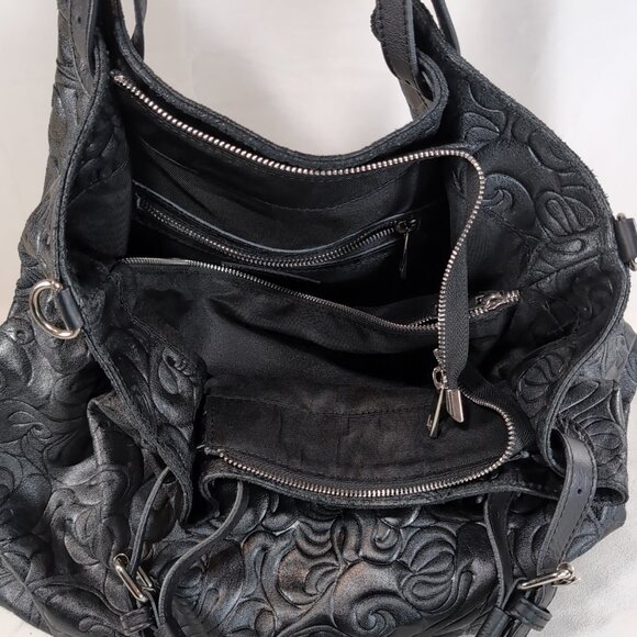 Isadora Italy Tooled Leather Purse Black Large Shoulder Bag Tote Swirls MSRP$425 - Picture 14 of 16